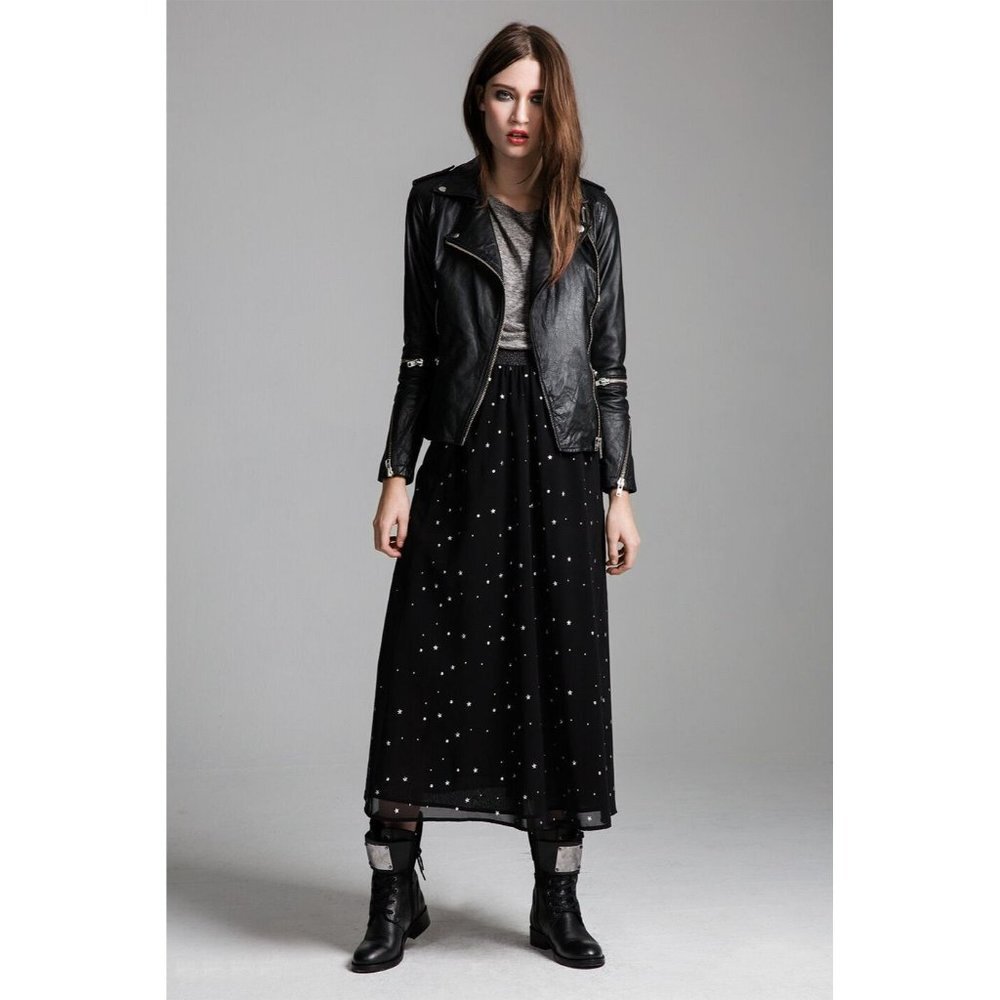 $219 SUPERTRASH Salvador BLACK Maxi Skirt ELASTIC Waistband SILVER Stars ( S )